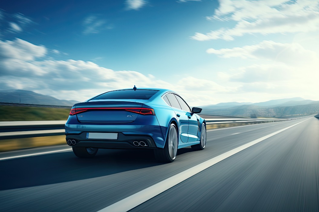 Rear view of blue Business car on high speed in turn. Blue car rushing along a high-speed highway. Generative AI